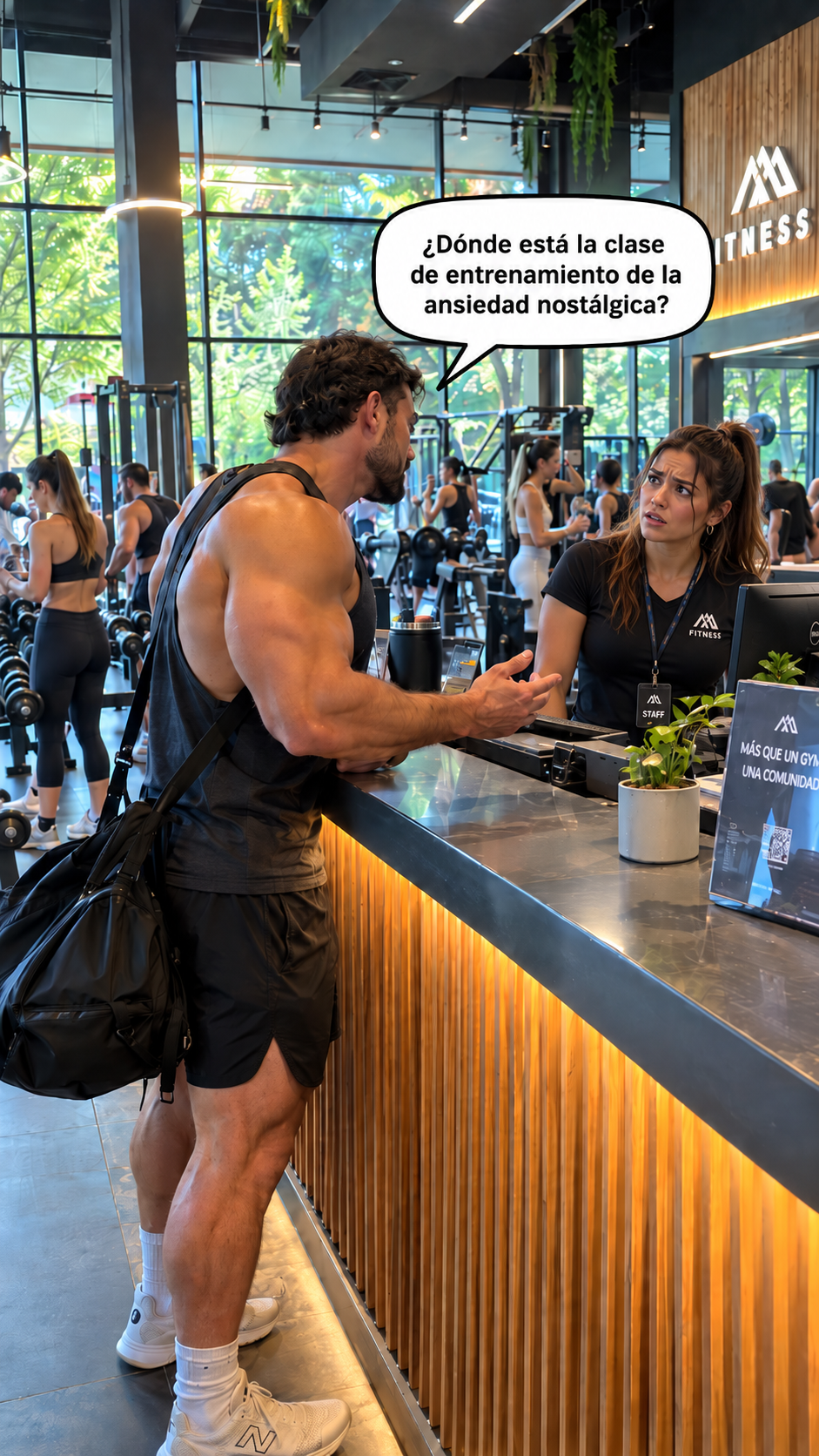en un gimnasio un hombre musculoso le pregunta a la monitora de fitness que lo mira extrañada "¿Donde está la clase de entrenamiento de la ansiedad nostálgica?" 